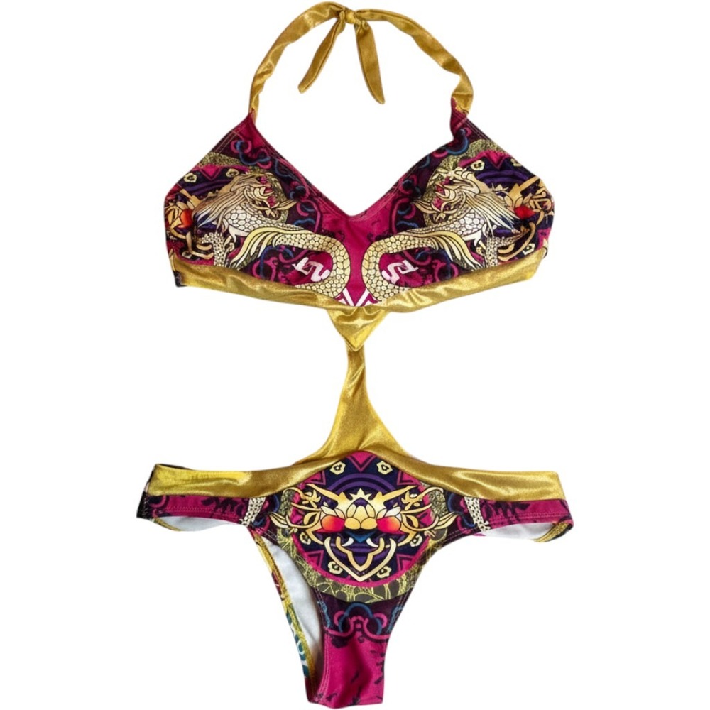 Y2K Dragon Graphic Monokini Metallic Gold Trim Cutout Swimsuit Small Pink Yellow